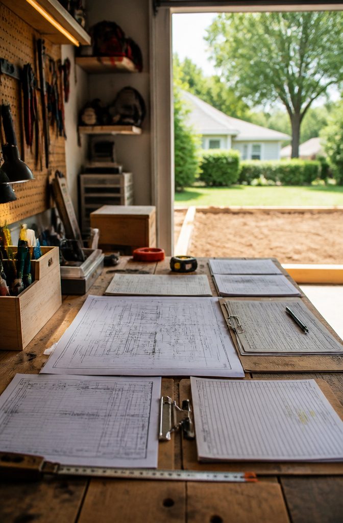 A workbench with organized permit documents and inspection checklists.