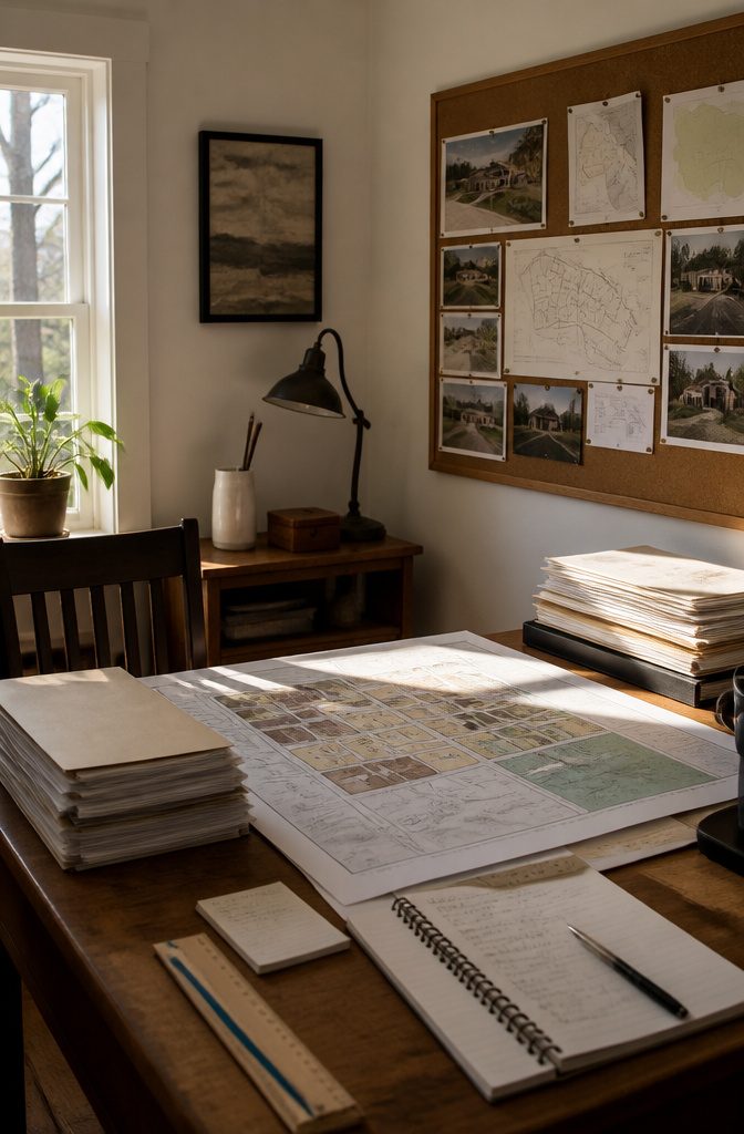 A desk with zoning maps, property documents, and a workspace for planning.