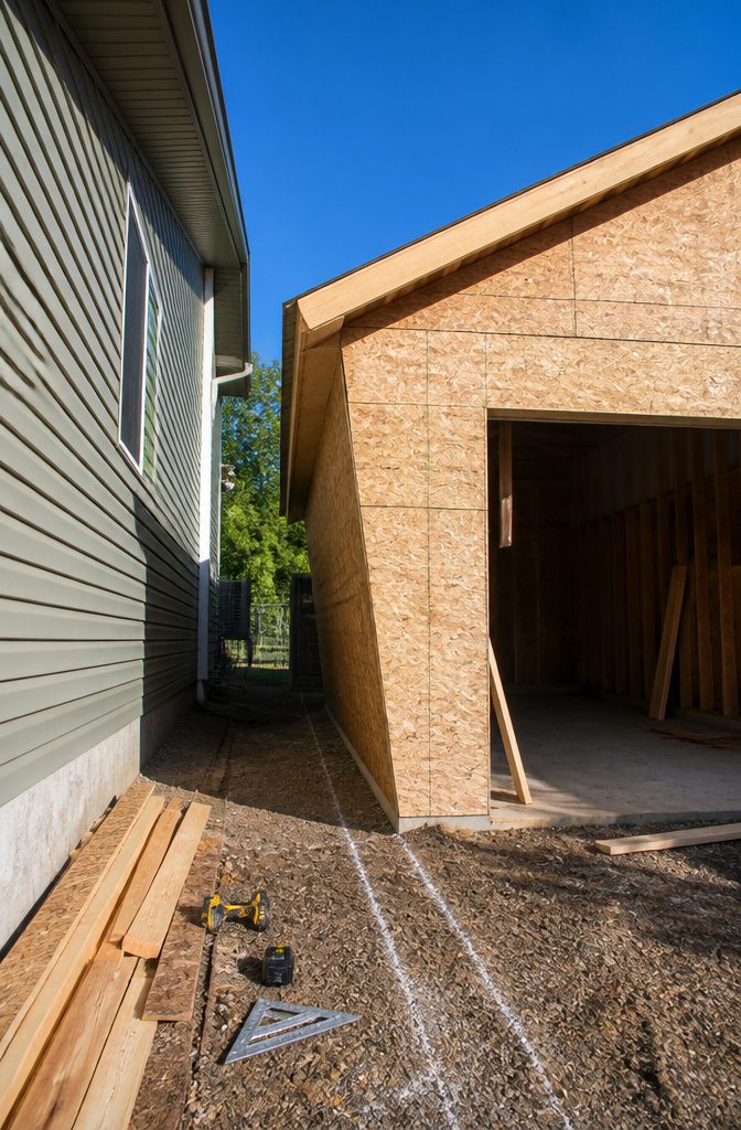 An exterior view of a garage showing flaws from a previous construction attempt.