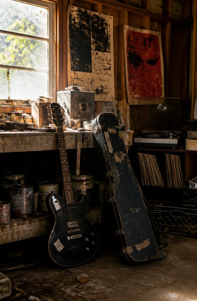 Photograph of a garage with band posters and a black electric guitar.