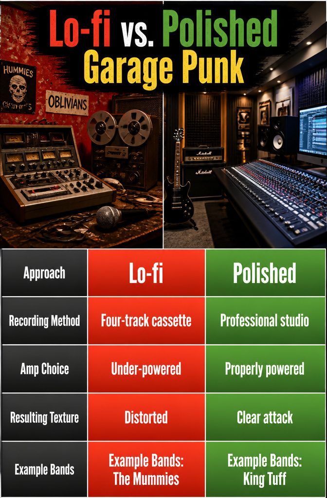 Information graphic titled 'Lo-fi vs. Polished Garage Punk'.