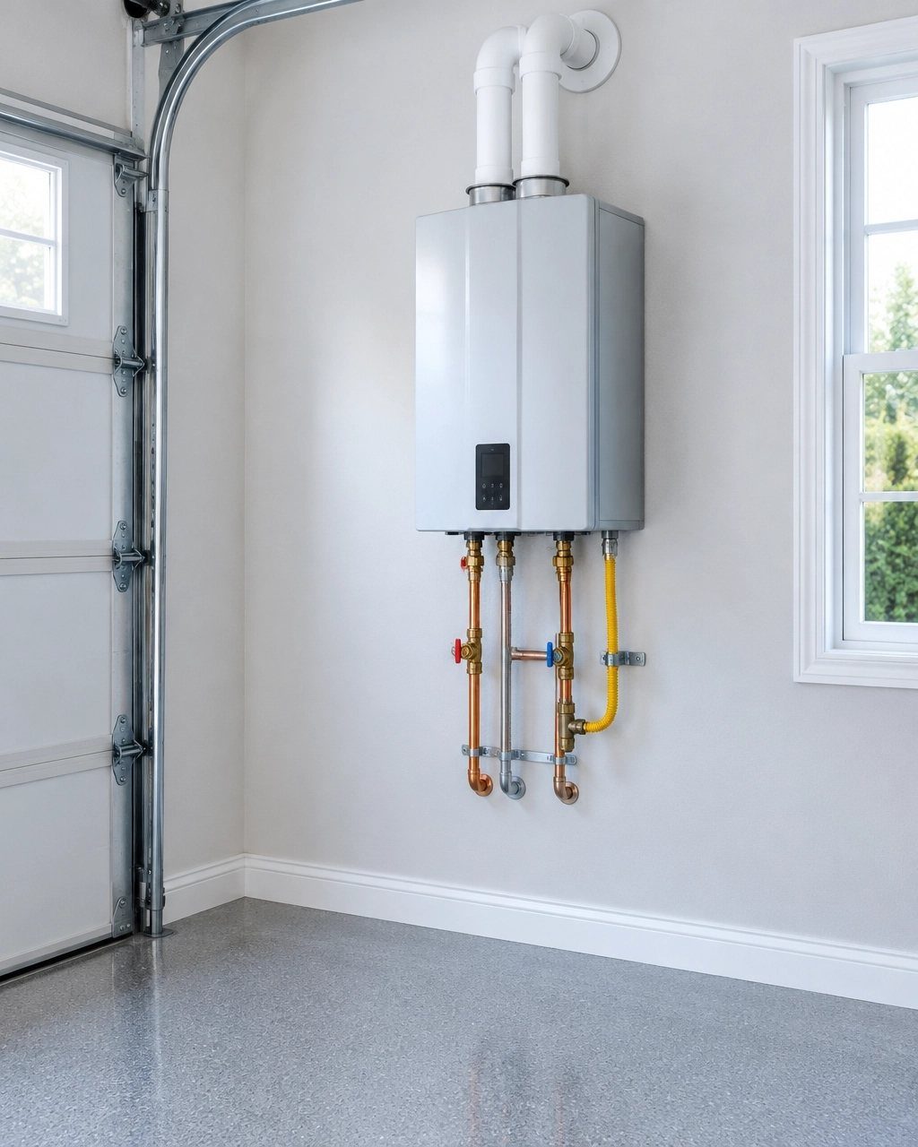 A silver tankless water heater with copper pipes mounted on a white garage wall.