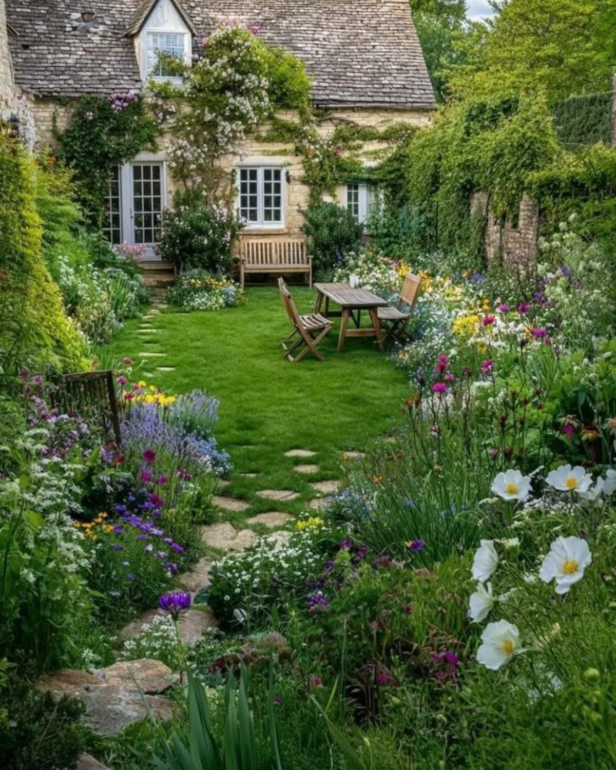 A lush cottage garden with colorful flowers, a green lawn, and a stone house in the background.