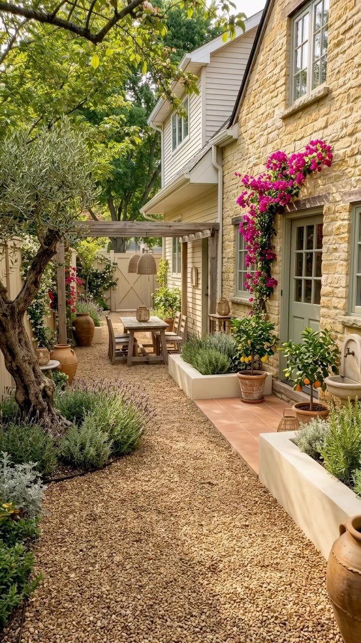 A charming courtyard garden with gravel paths, stone walls, pink flowers, and outdoor dining furniture.