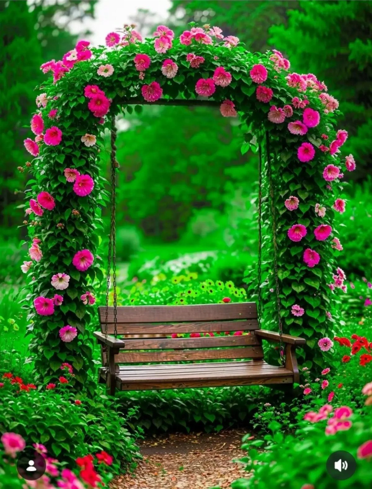 A wooden garden swing suspended from a metal archway covered in pink flowers and green leaves.