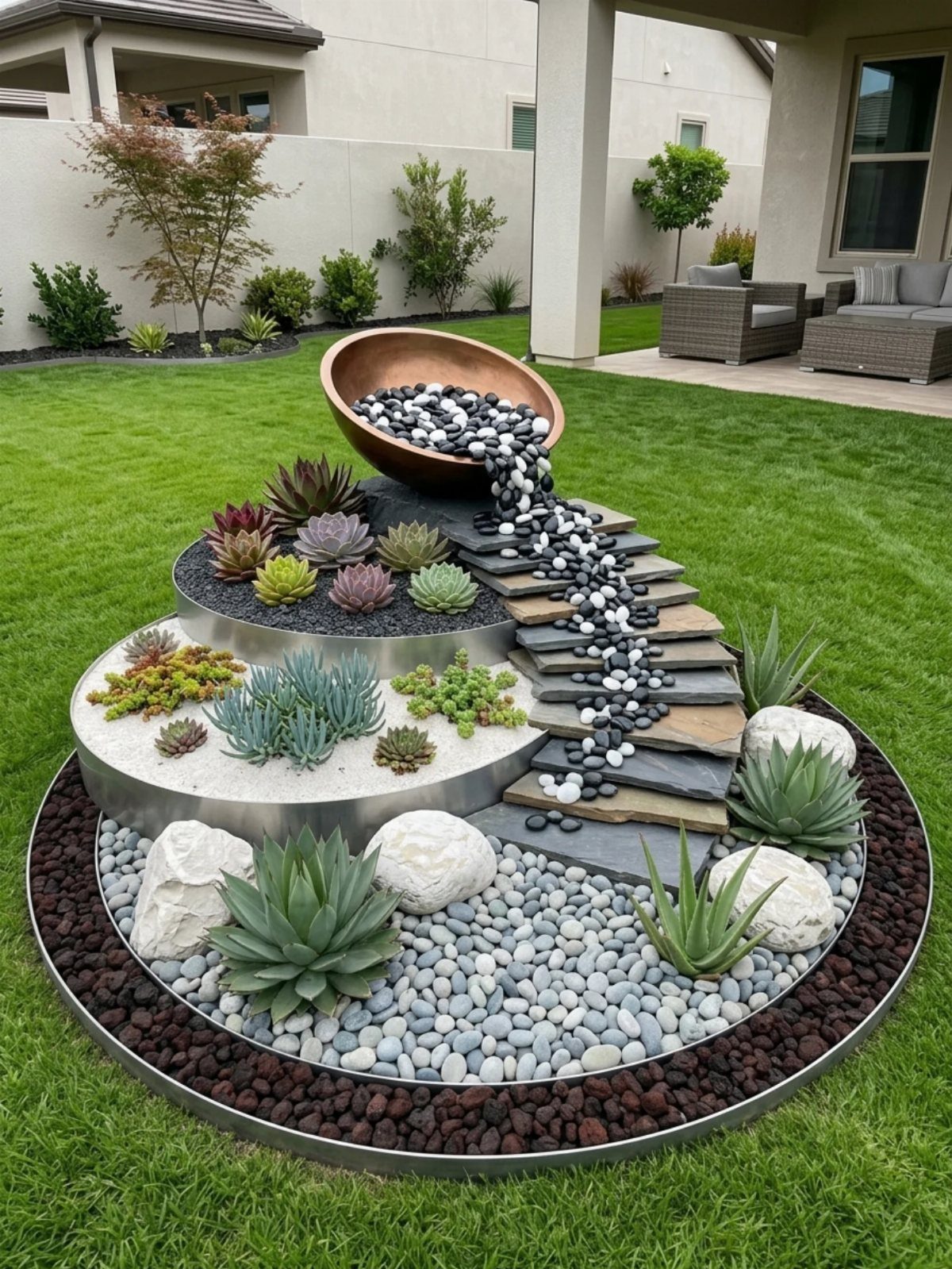 A tiered circular garden feature with succulents, copper bowl, and decorative stones on a lawn.