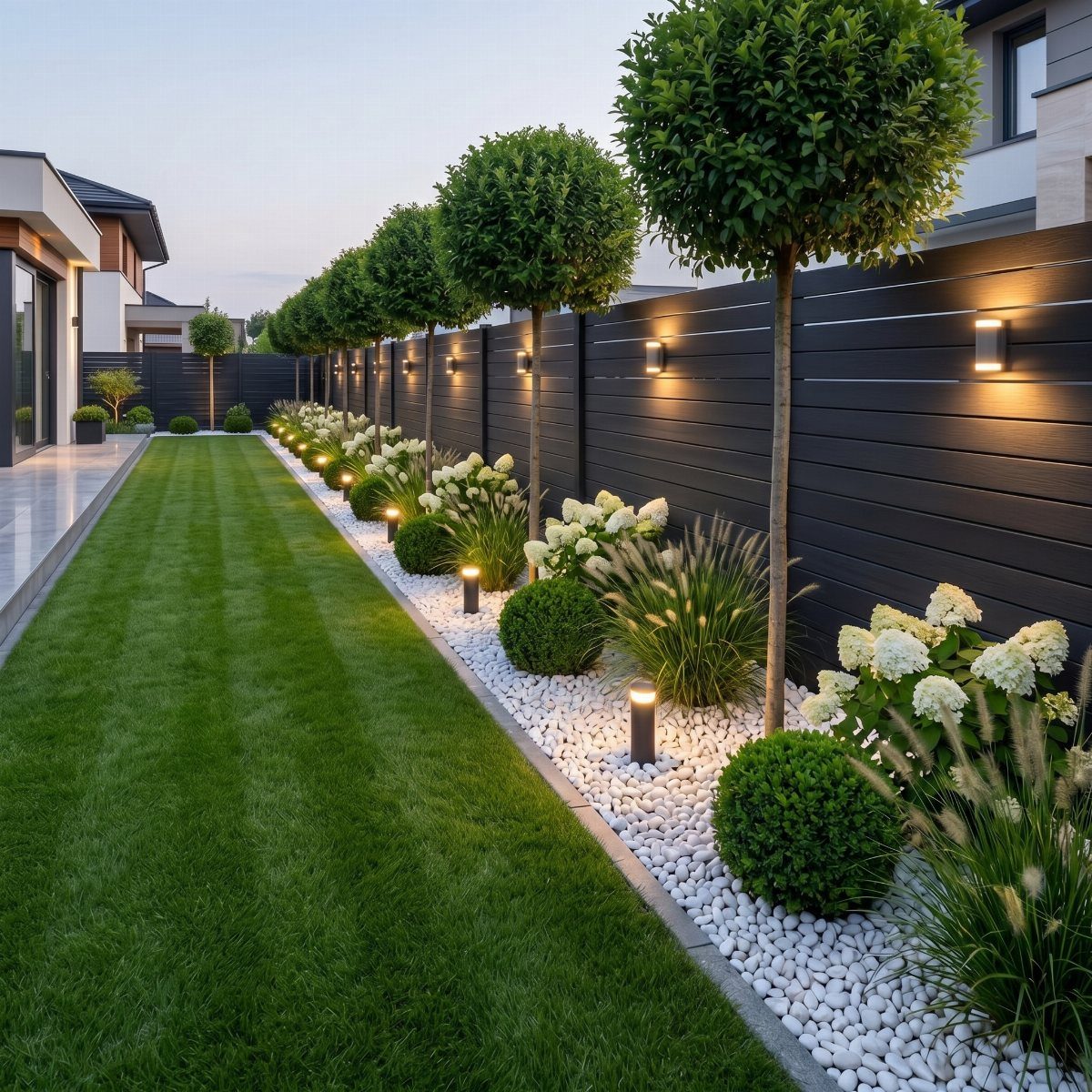 Manicured garden with lawn, white pebbles, round trees, and warm lights on a dark fence.