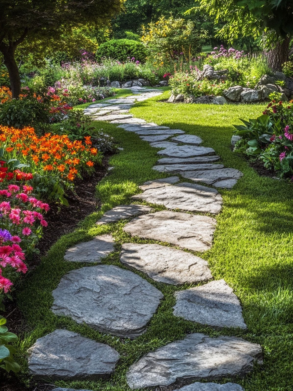 Large grey stepping stones form a winding path through a lush, colorful flower garden.
