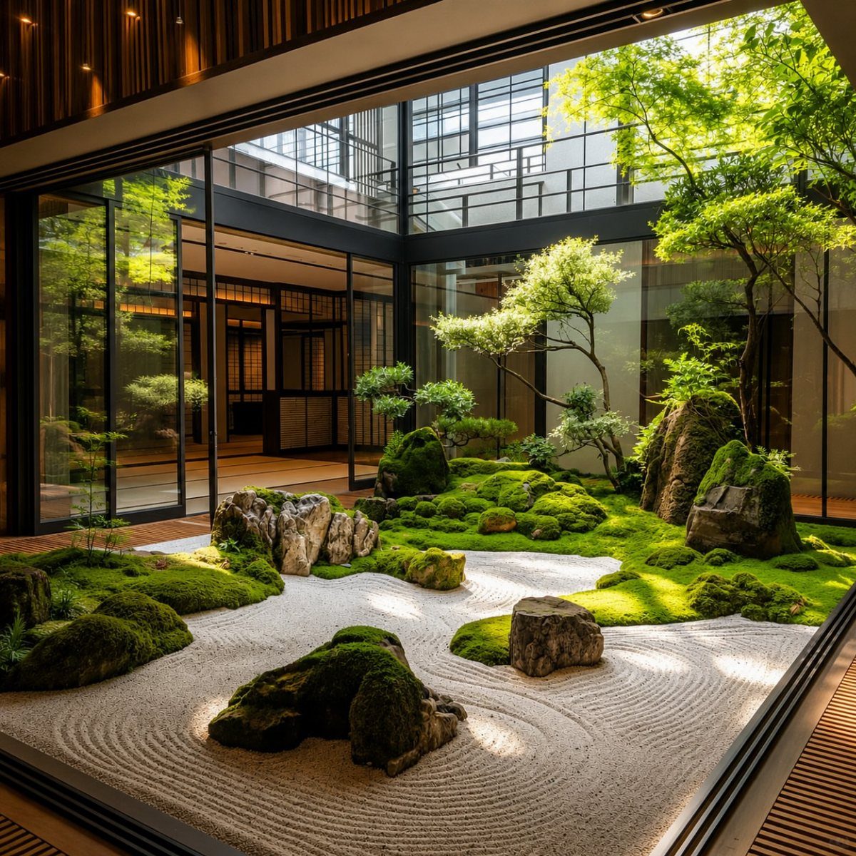 Japanese Zen garden with raked white sand, green moss, and manicured trees within a modern building.