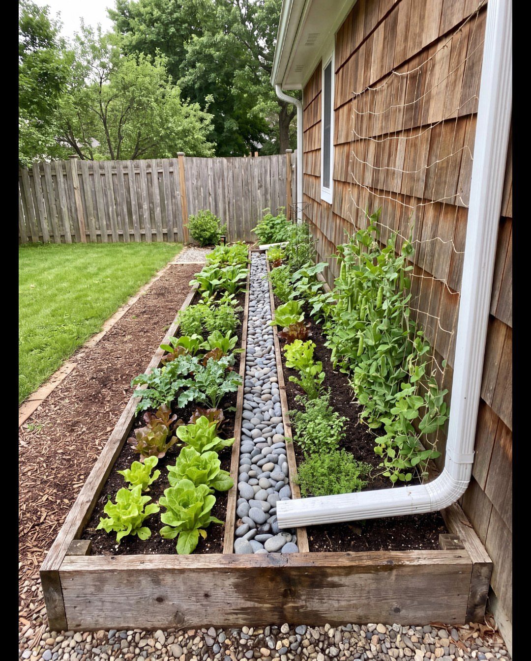 A long wooden raised garden bed filled with lush green vegetables and herbs next to a house.