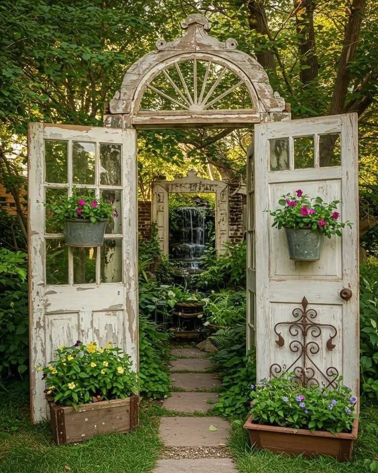 Weathered white wooden gates open to a stone path leading toward a garden waterfall.