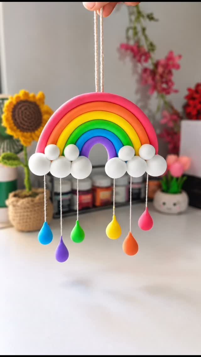 A colorful clay rainbow ornament with white clouds and hanging multi-colored clay droplets.