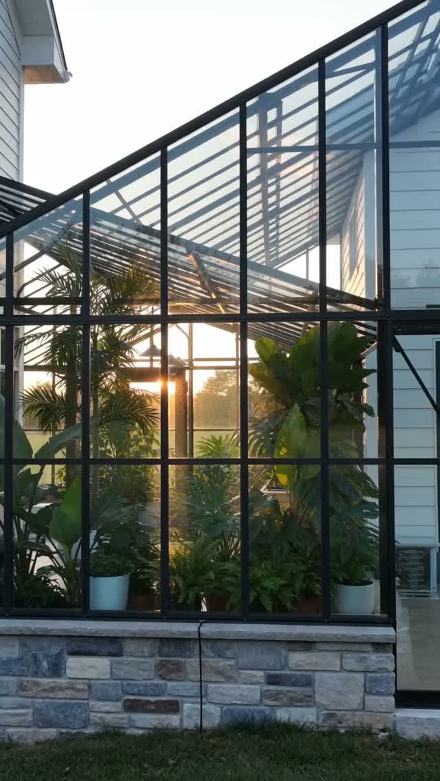 Large Green House: 6 Ideas for Glass, Iron and Modern Builds 4 A black framed glass greenhouse filled with tropical plants attached to a white residential house.