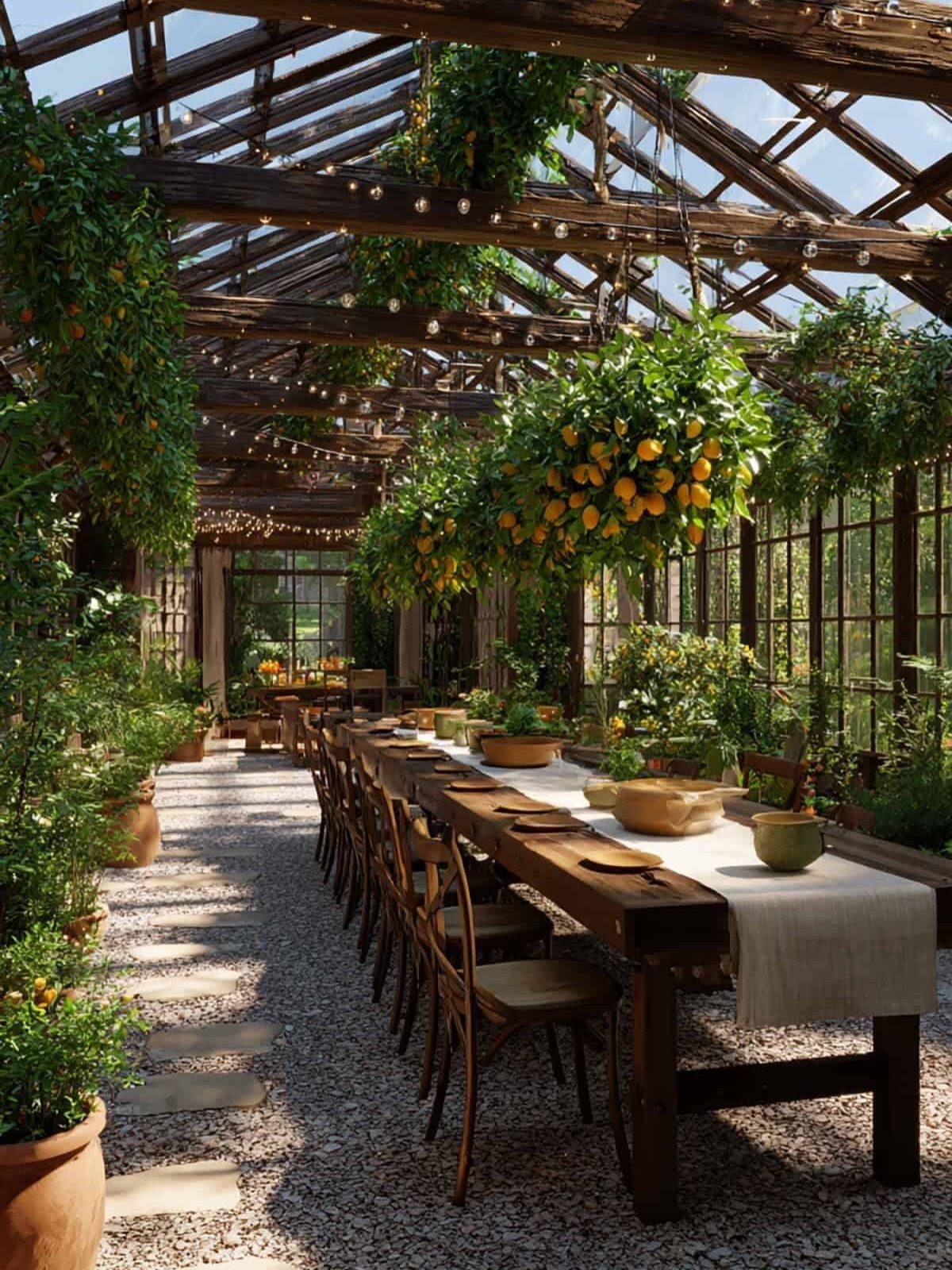 Large Green House: 6 Ideas for Glass, Iron and Modern Builds 5 A long dining table set for a meal inside a sunlit, rustic greenhouse with hanging citrus plants.