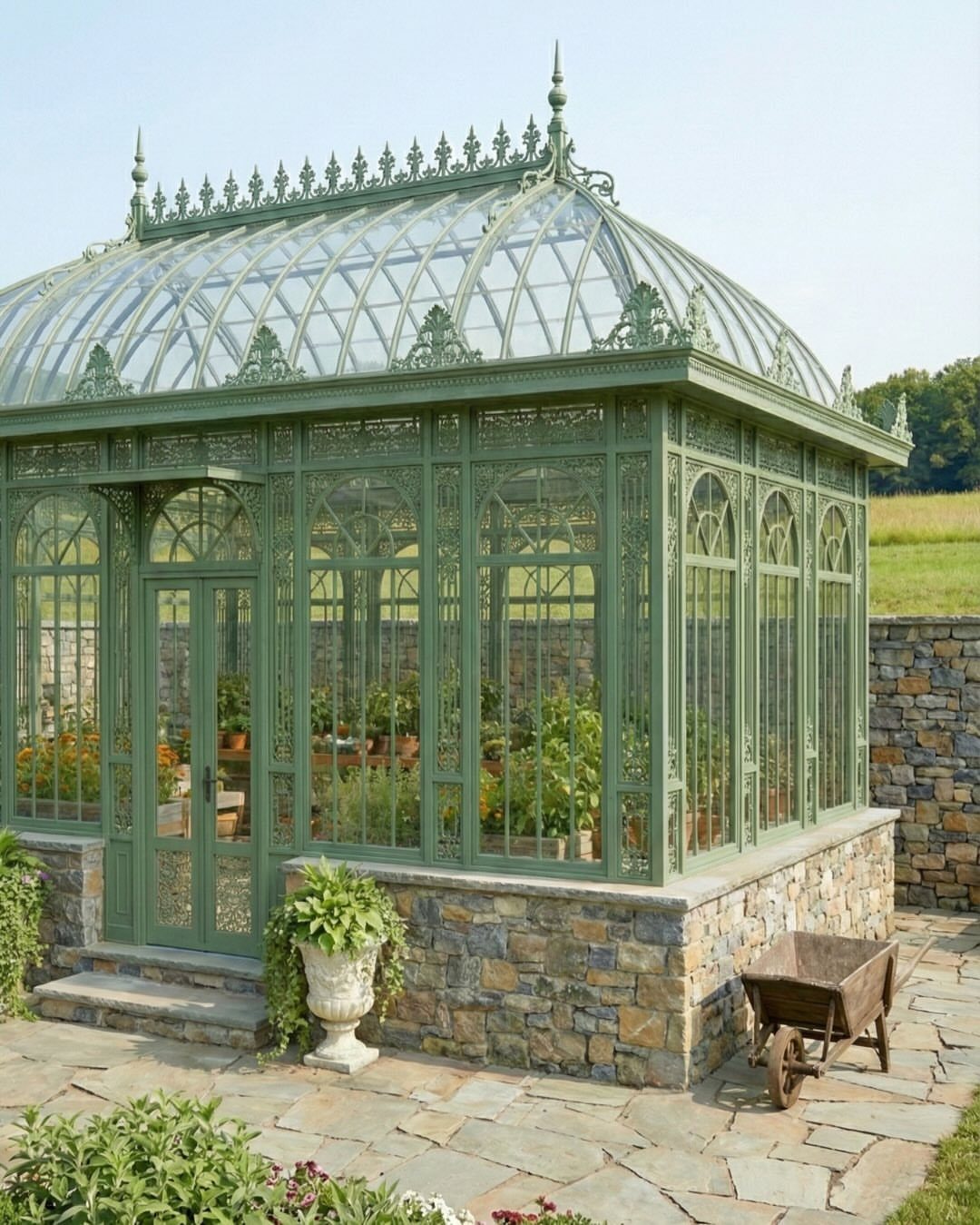 Large Green House: 6 Ideas for Glass, Iron and Modern Builds 2 Ornate green iron and glass greenhouse with decorative metalwork sitting on a stone foundation outdoors.