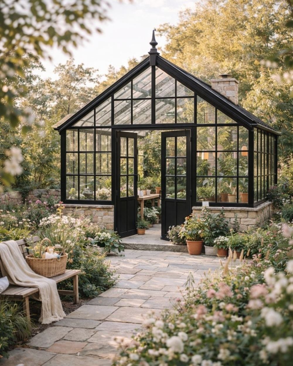 Large Green House: 6 Ideas for Glass, Iron and Modern Builds 3 A black-framed glass greenhouse with a peaked roof situated in a blooming garden with stone paths.