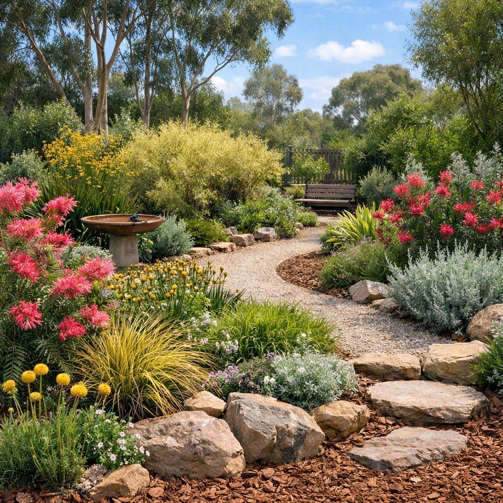 A winding gravel path through a diverse garden with colorful flowers, rocks, and lush greenery.