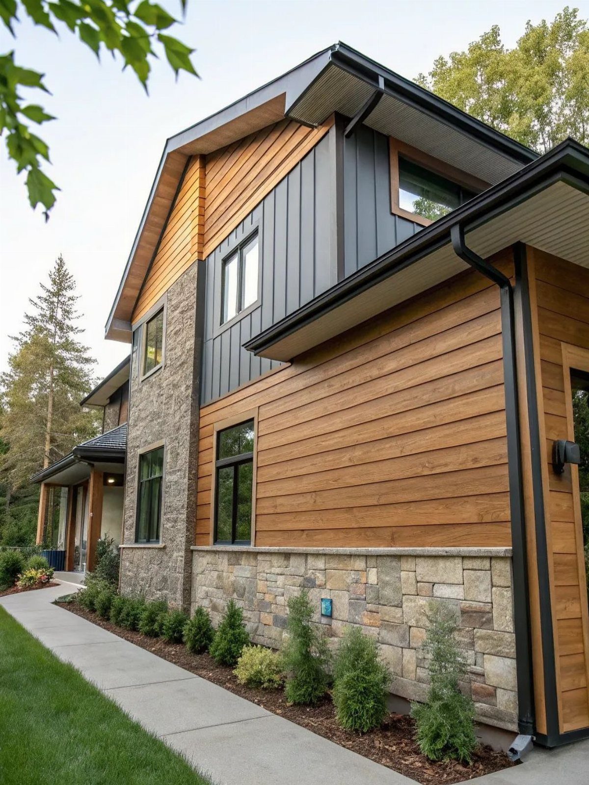 Modern house with wood siding, dark metal panels, stone veneer, and black contrasting trim.