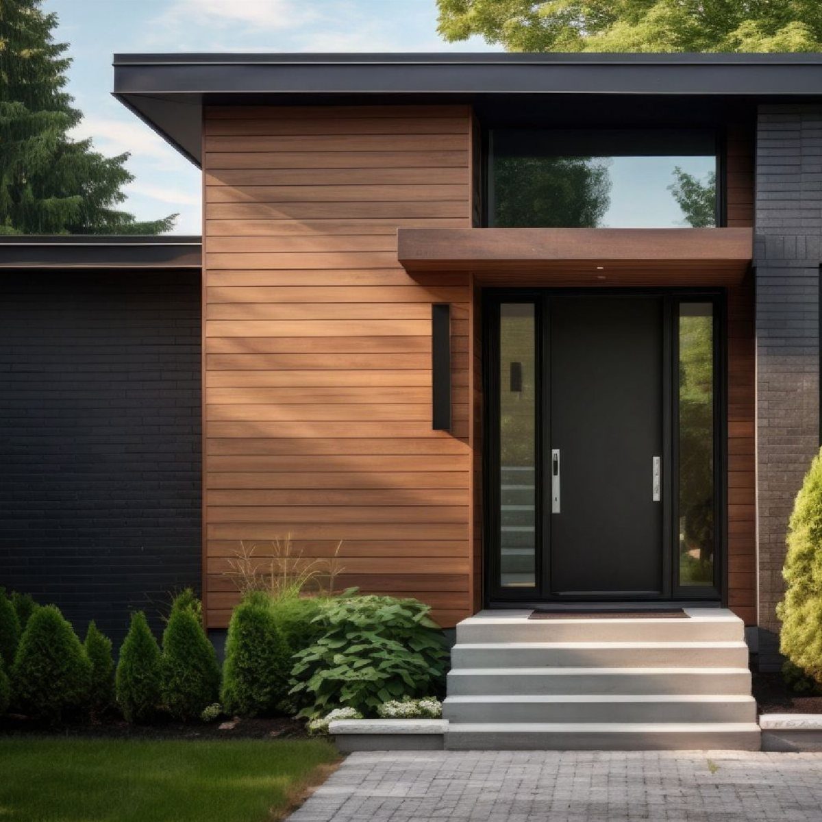 Modern house exterior featuring warm brown horizontal wood-look siding and a black front door.