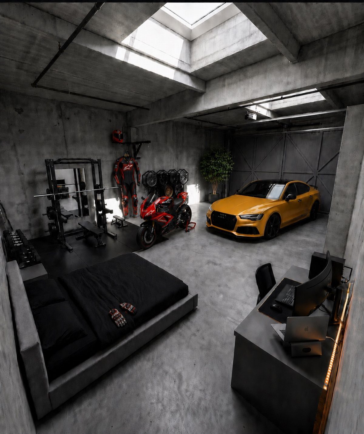 9 Multi Use Garage Ideas for Living, Work, and Play 1 A modern concrete garage containing a yellow car, gym equipment, a bed, and a workspace.