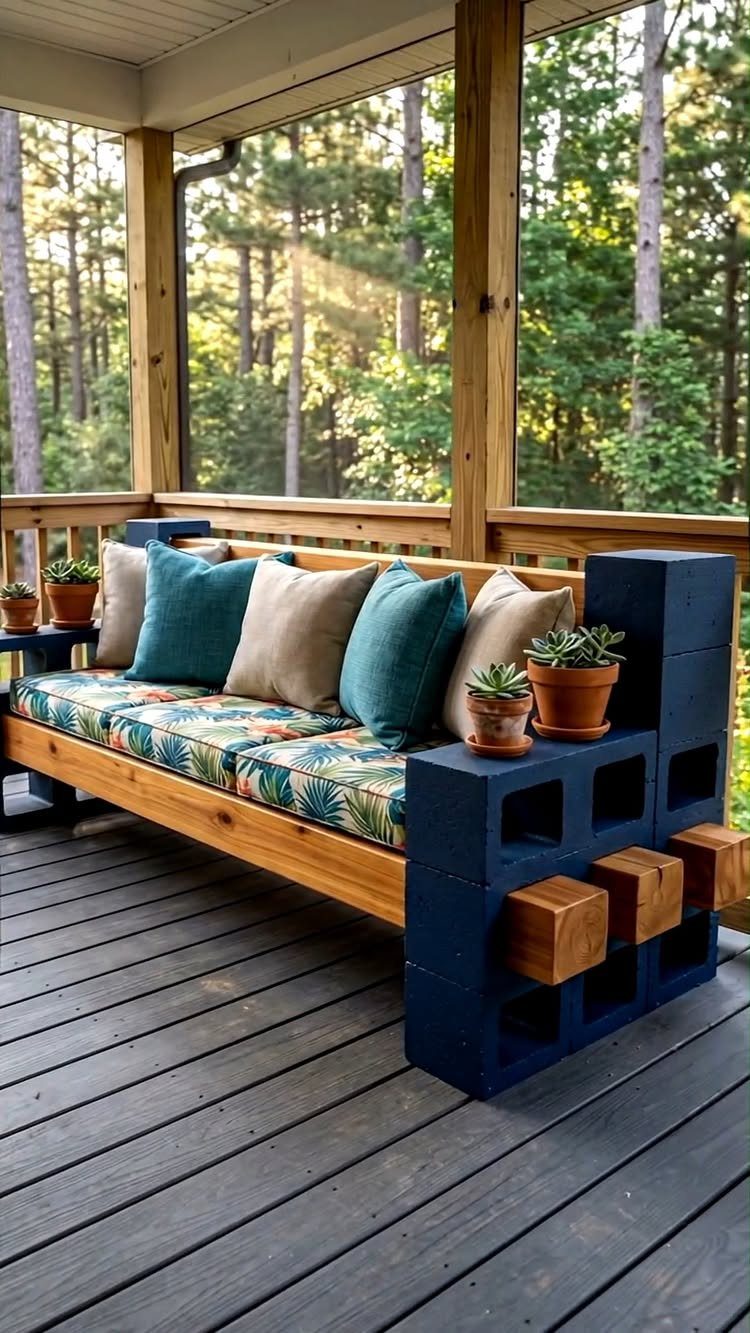A handmade outdoor sofa constructed from wooden boards and blue cinder blocks on a porch.