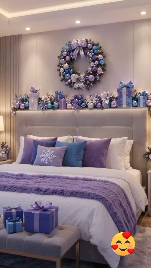 Purple Christmas decorations including a wreath, ornaments, and gift boxes on a decorated bed.