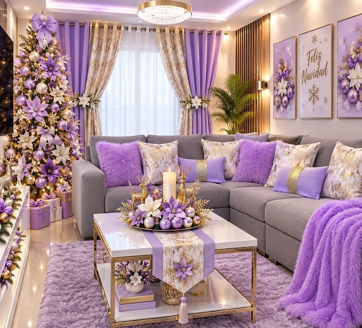 A living room featuring a large purple Christmas tree decorated with gold ornaments and purple bows.