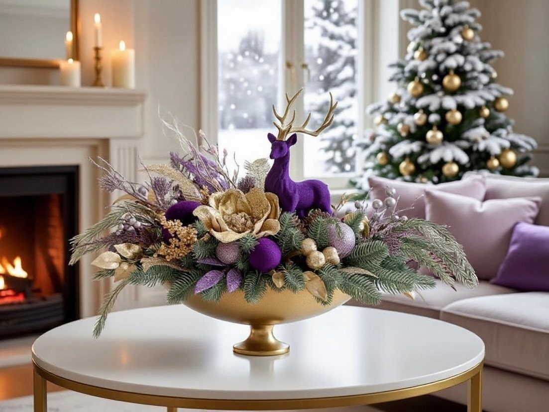 Gold centerpiece bowl with purple ornaments, gold flowers, and a purple reindeer on a white table.