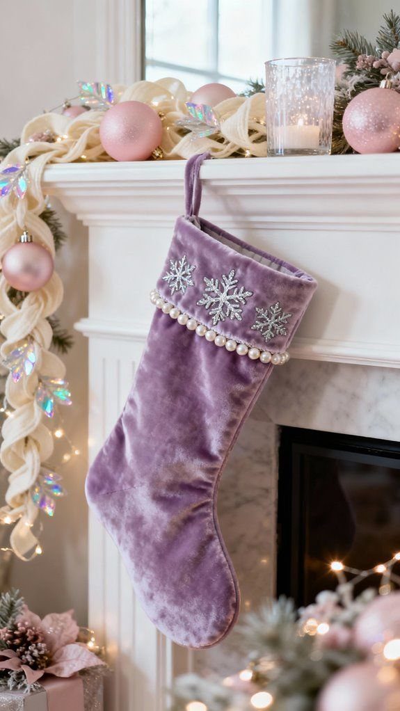 A purple velvet Christmas stocking with snowflake embroidery hanging on a white fireplace mantel.