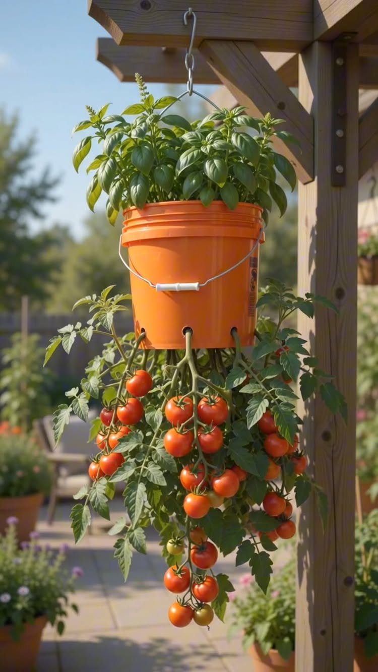 Orange bucket hanging from a wooden pergola containing basil and cherry tomato plants.