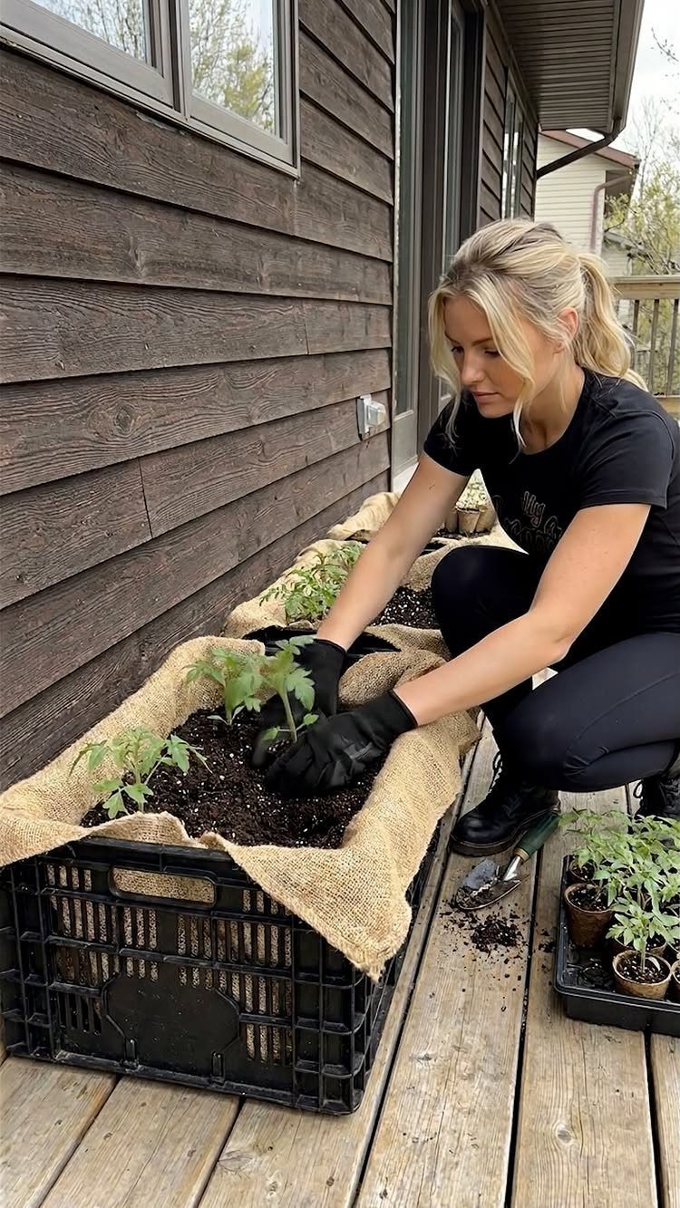 A woman planting tomato seedlings into burlap-lined black crates on a wooden deck.