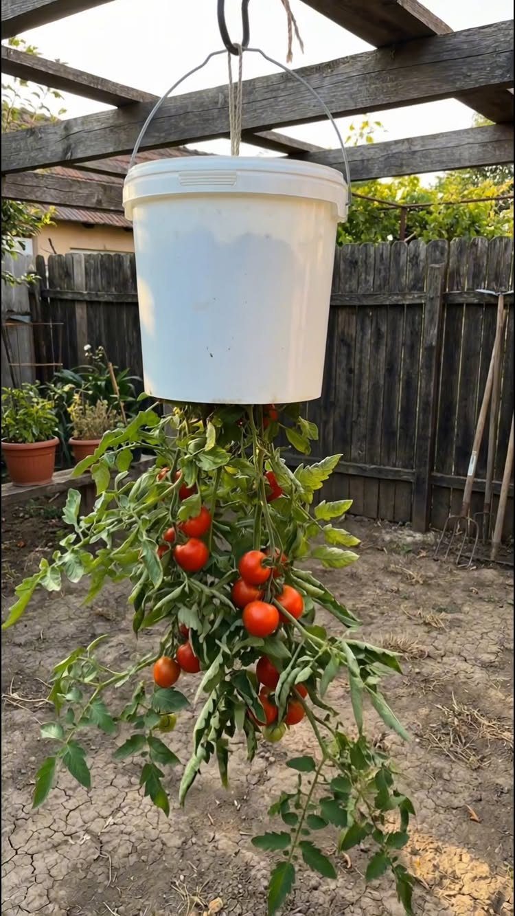 A white plastic bucket hanging from a wooden structure, growing a tomato plant with ripe red fruit.