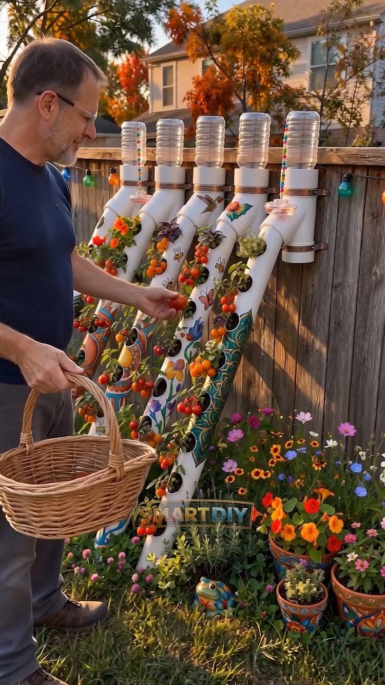 A man harvesting small tomatoes from a vertical PVC pipe garden mounted on a wooden fence.