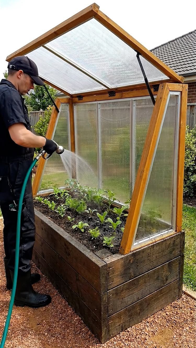 7 Vegetable Garden Box Ideas for Every Backyard Space 3 A person watering small green plants inside a wooden greenhouse-style raised garden bed.