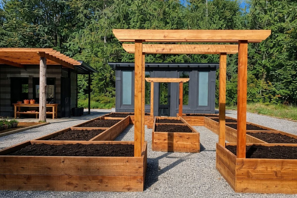 7 Vegetable Garden Box Ideas for Every Backyard Space 1 Wooden raised garden beds filled with soil arranged in a gravel courtyard with wooden pergolas.