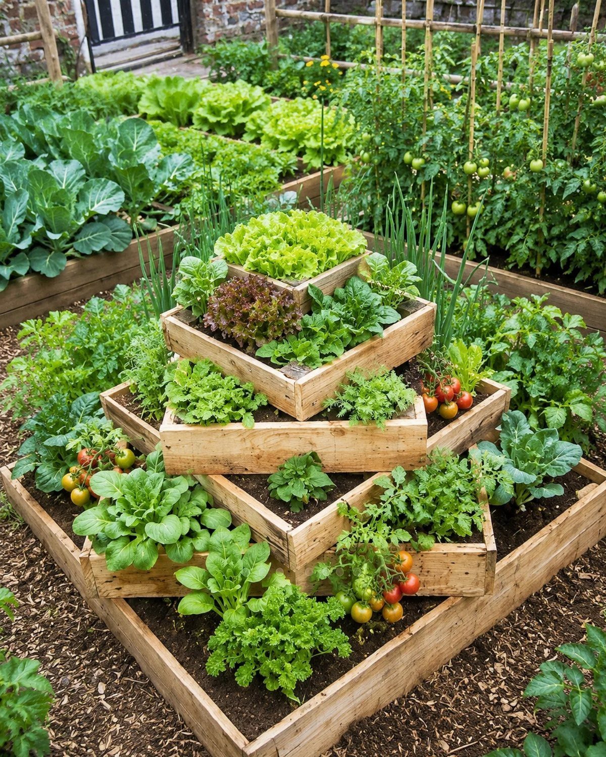7 Vegetable Garden Box Ideas for Every Backyard Space 4 Tiered wooden garden boxes filled with lush green lettuce, leafy vegetables, and ripening cherry tomatoes.