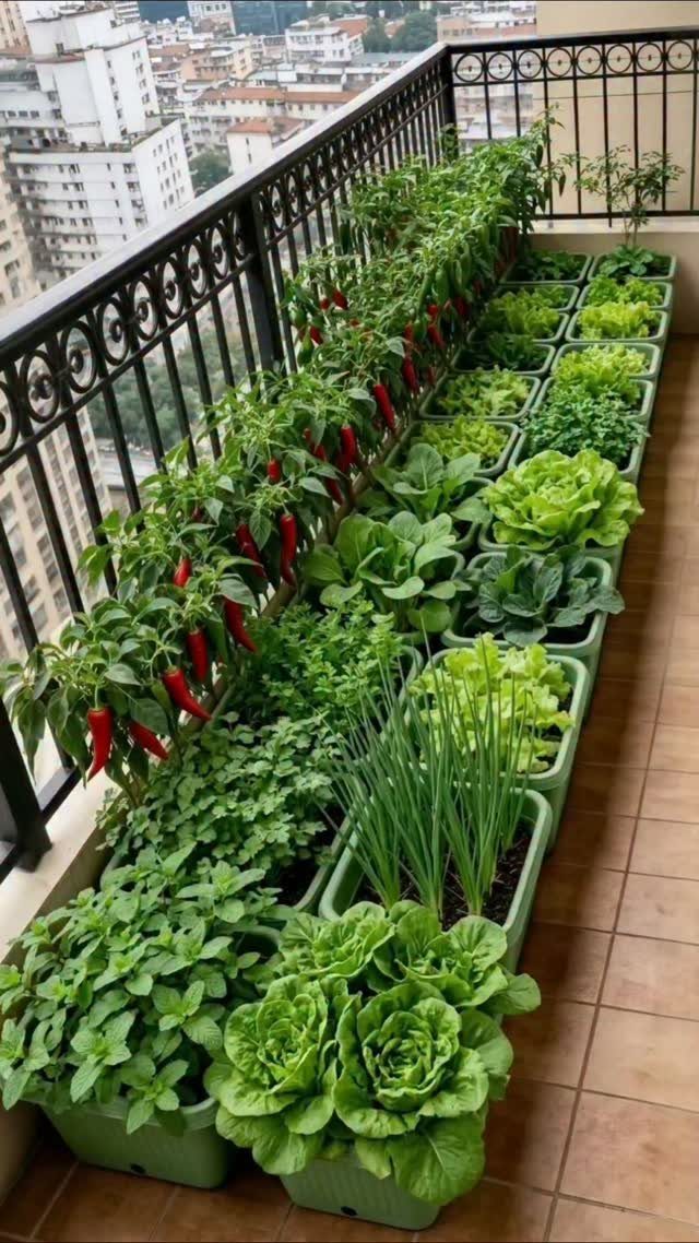 Green vegetable plants in rectangular containers arranged along a balcony railing overlooking a city.