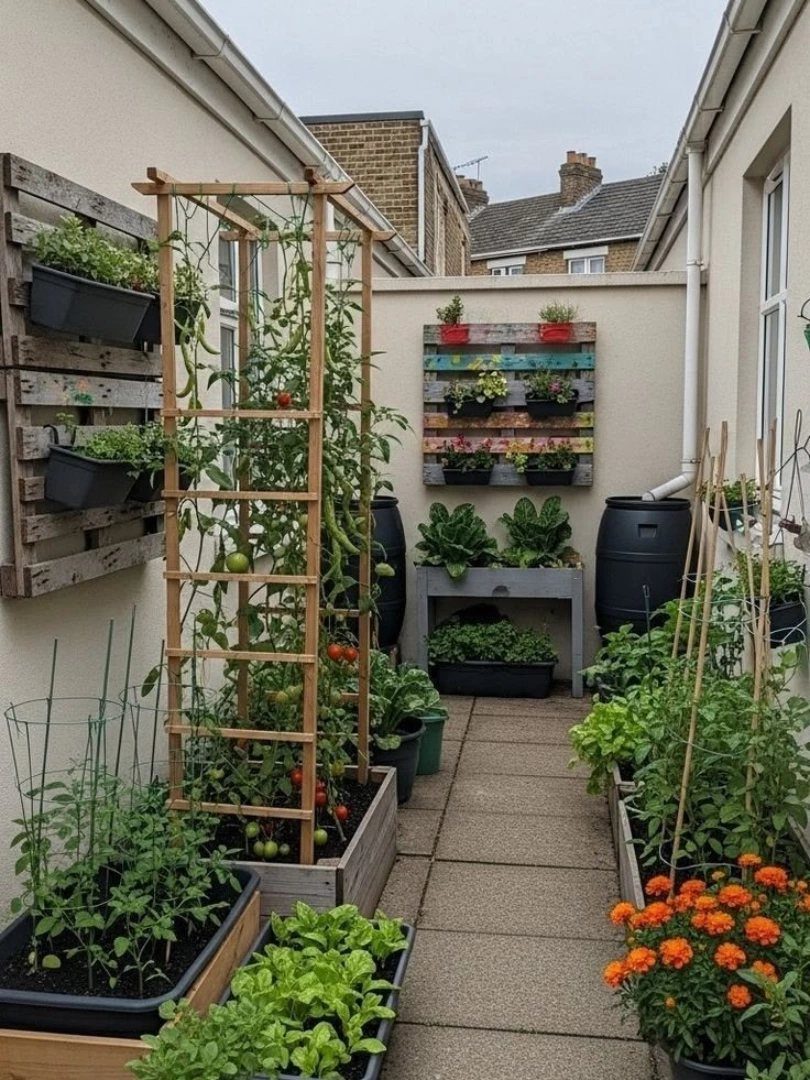A narrow patio garden with wooden pallet planters, tomato trellises, and various potted vegetables and flowers.