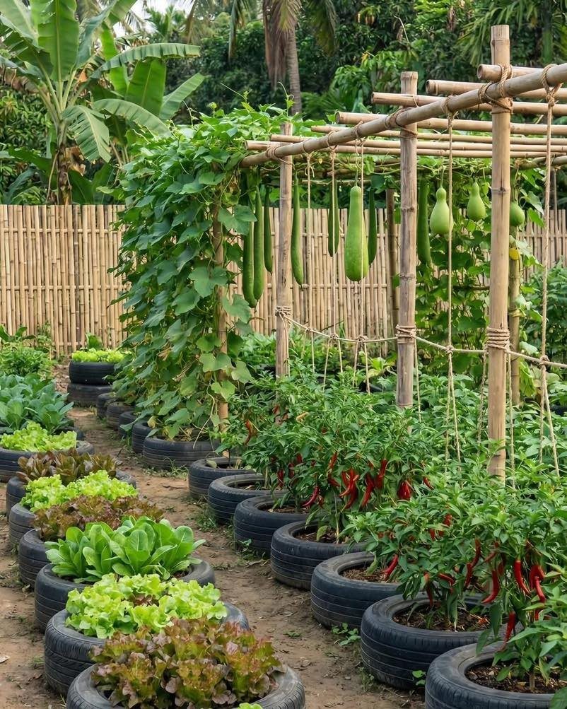 Climbing cucumber vines grow on a bamboo trellis above various vegetable plants in tire planters.