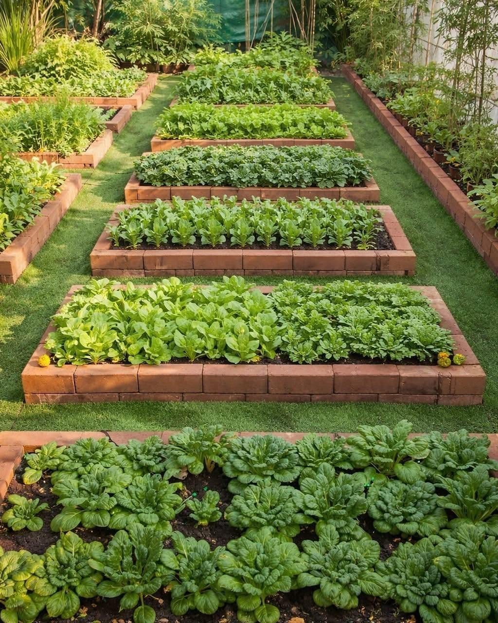 Rectangular brick raised garden beds filled with various green leafy vegetables on a green lawn.
