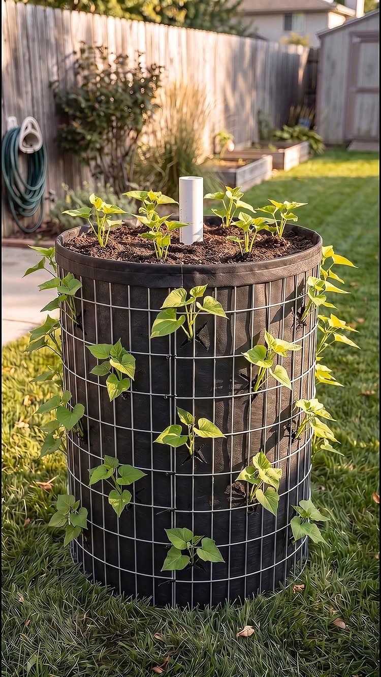 A black cylindrical vertical planter with green plants growing through a wire grid on a lawn.