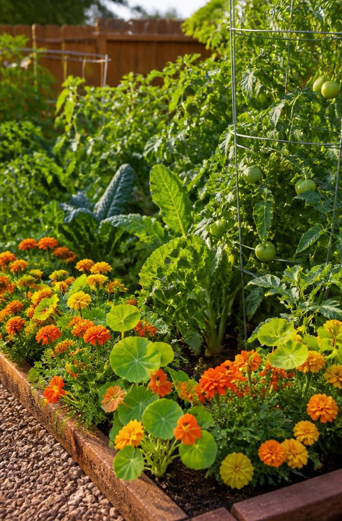 7 Steps: Essential Vegetable Gardening Tips for Beginners 5 Colorful marigolds and nasturtiums blooming in a vegetable garden.