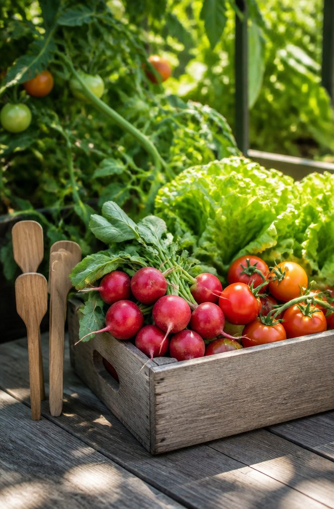 7 Steps: Essential Vegetable Gardening Tips for Beginners 2 A crate filled with radishes, lettuce, and patio tomatoes.