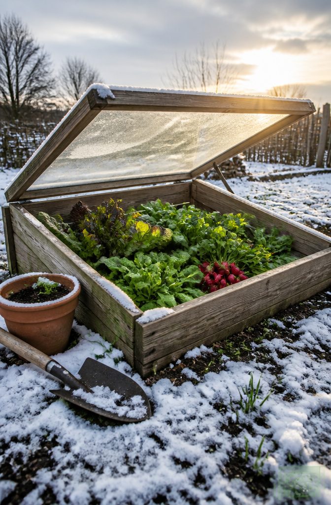 7 Steps: Essential Vegetable Gardening Tips for Beginners 10 A cold frame filled with leafy greens and radishes in snowy soil.