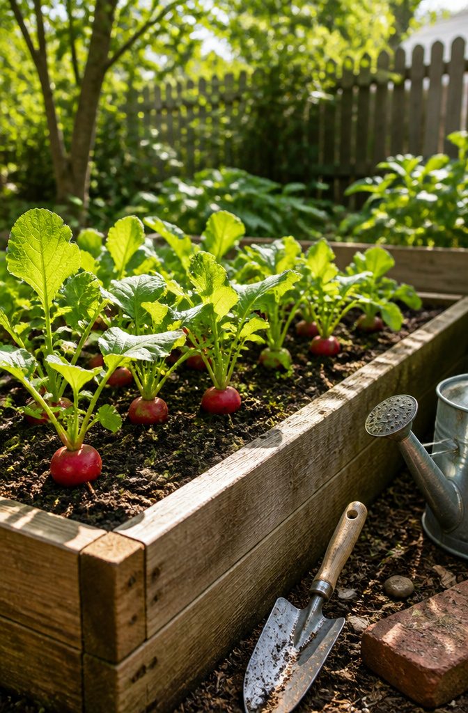 7 Steps: Essential Vegetable Gardening Tips for Beginners 8 A patch of radishes growing in a colorful garden with tools nearby.