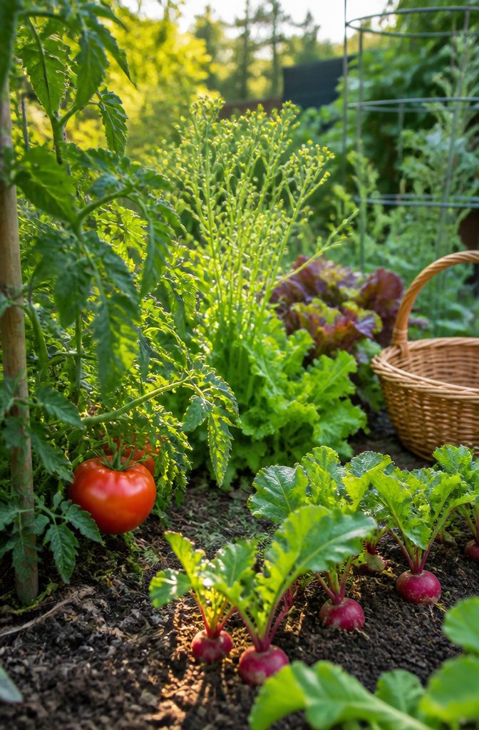 7 Steps: Essential Vegetable Gardening Tips for Beginners 7 A ripe tomato and radishes ready for harvest in a garden.