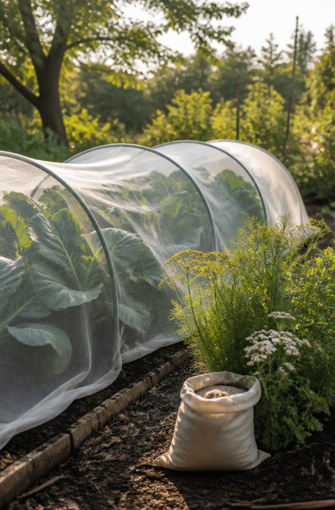 7 Steps: Essential Vegetable Gardening Tips for Beginners 6 A bag of sabadilla powder beside a covered vegetable bed.