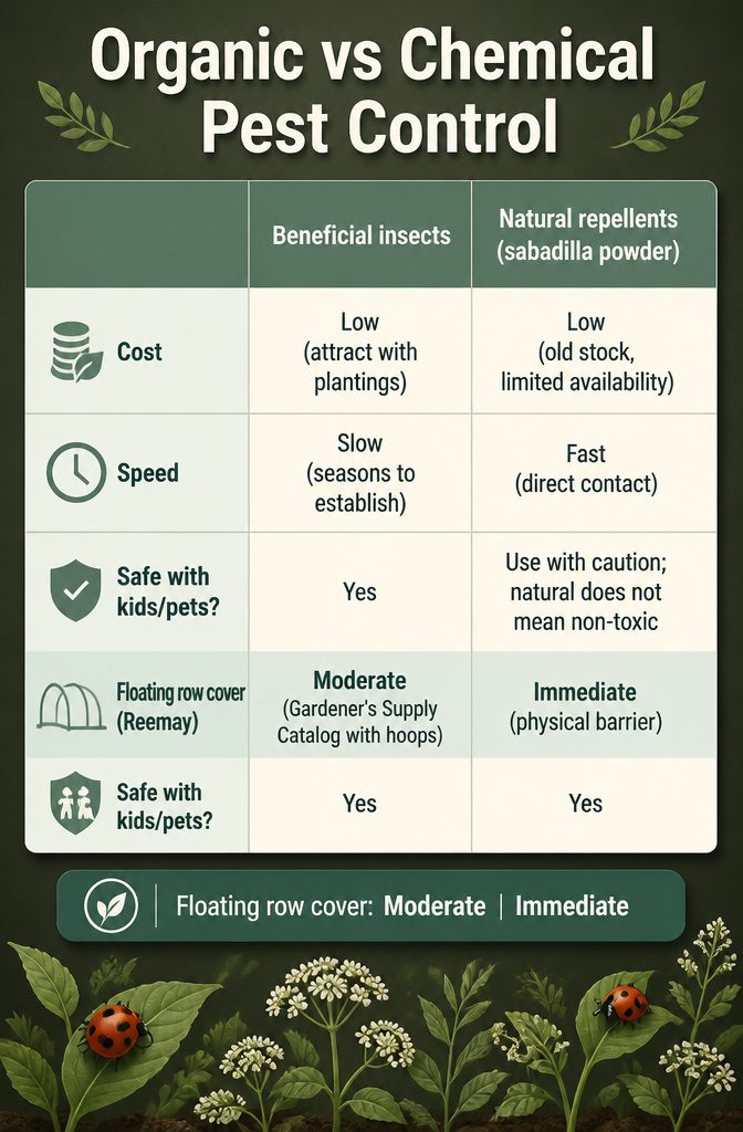 7 Steps: Essential Vegetable Gardening Tips for Beginners 12 A chart comparing organic versus chemical pest control methods.