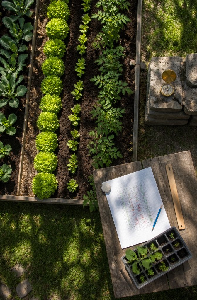 7 Steps: Essential Vegetable Gardening Tips for Beginners 1 A layout plan for a vegetable garden with marked paths and rows.