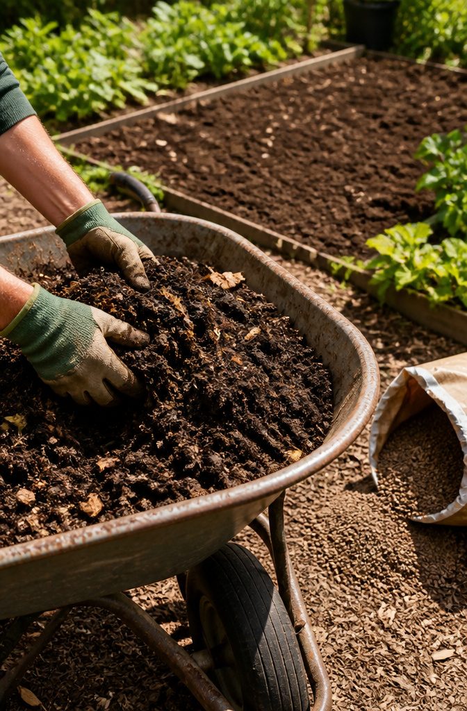 7 Steps: Essential Vegetable Gardening Tips for Beginners 3 Gardener's hands mixing soil and compost in a wheelbarrow.